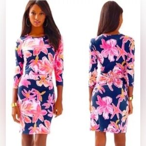 Lilly Pulitzer medium Madison dress ruched waist women’s blue pink floral